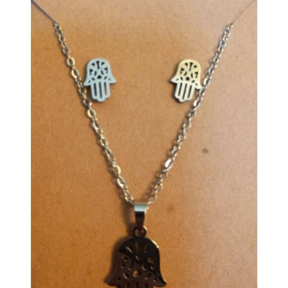 Hamsa Stainless Steel Jewelry Set 18" Necklace & Earrings Protection Gift NWT - Picture 2 of 4